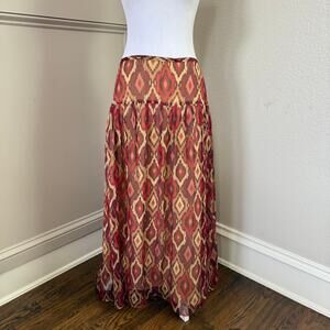 Valerie Stevens 100% Silk Maxi Skirt Sz 16 Ikat Print Fall Boho Lined Long Skirt